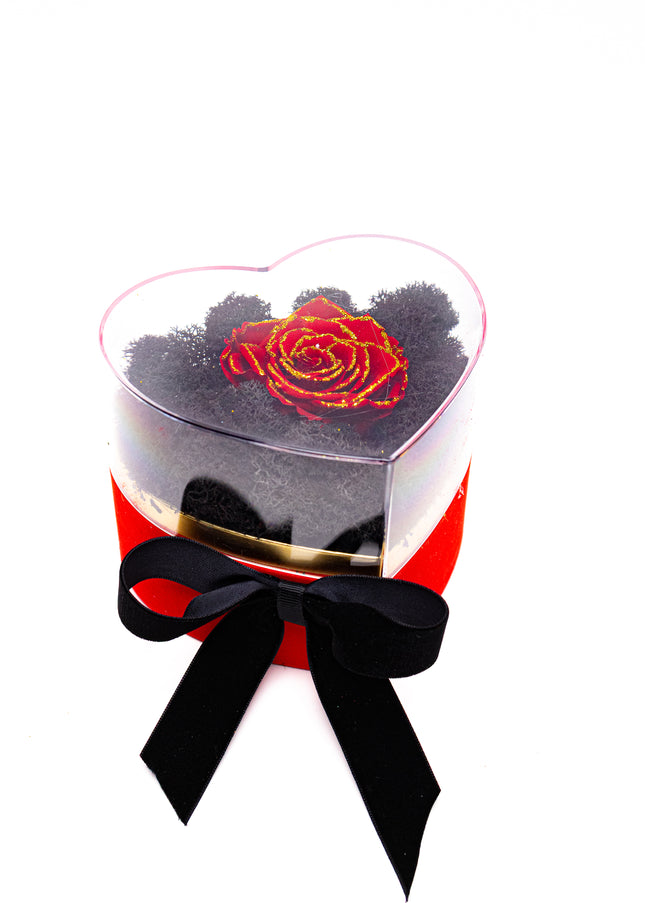 Aranjament de Lux "Golden Petal Heart" cu Trandafir Etern