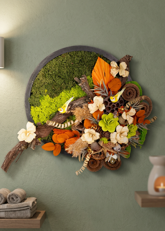 Tablou „Forest Whisper” cu licheni stabilizați și flori uscate – decor natural cu accente rustice