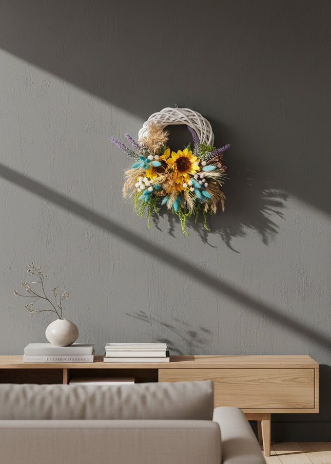 Coroniță Handmade „Sun-Kissed Garden” – Aranjament Floral cu Floarea-Soarelui și Lagurus Turcoaz pe Răchită Albă