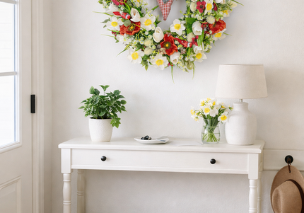 Coroniță florală de Paște „Spring Heart” – decor festiv cu flori albe, roșii și inimă decorativă