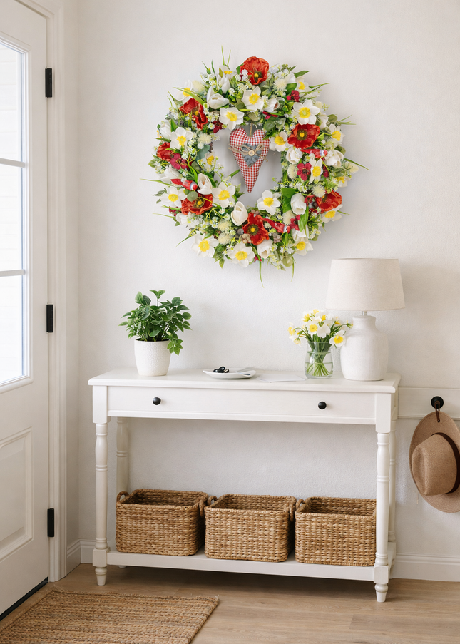 Coroniță florală de Paște „Spring Heart” – decor festiv cu flori albe, roșii și inimă decorativă