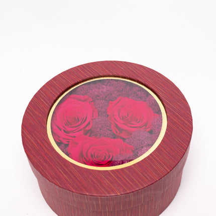 Aranjament Lux 3 Trandafiri Criogenați Roșii, Cutie cu Fereastră