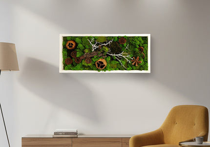 Tablou Biophilic „Forest Moss Panorama” – Panou Decorativ Handmade cu Mușchi, Licheni Stabilizați și Elemente de Pădure