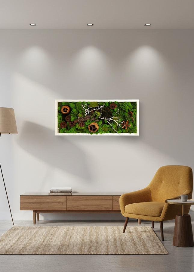 Tablou Biophilic „Forest Moss Panorama” – Panou Decorativ Handmade cu Mușchi, Licheni Stabilizați și Elemente de Pădure