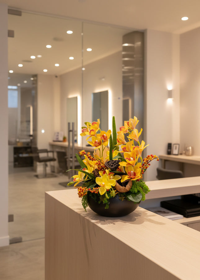Aranjament Floral „Solar Orchid” în Vas Ceramic Negru – Decor de Lux cu Orhidee Galbene, Ilex și Accente Botanice Exotice
