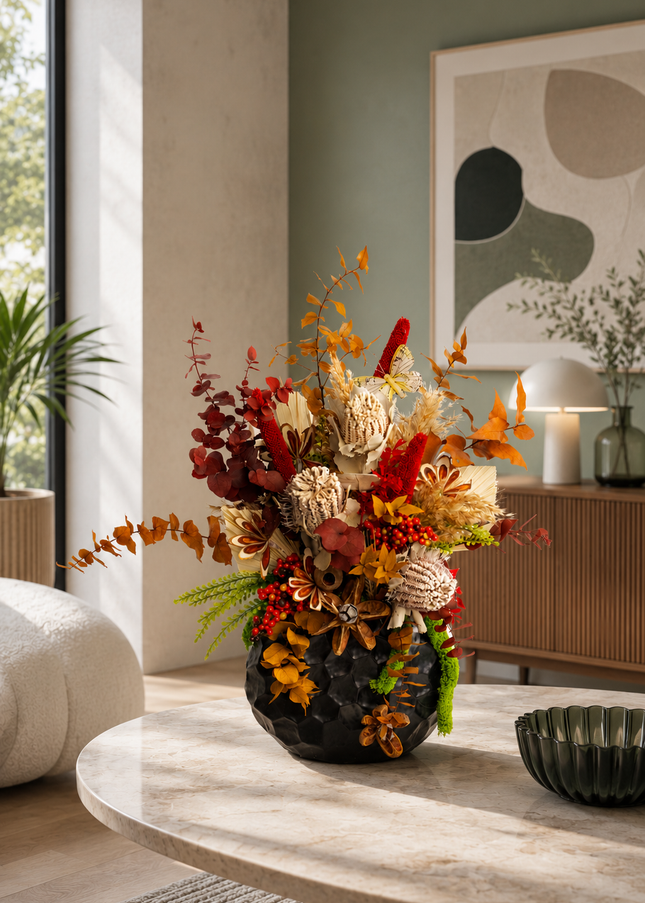 Aranjament floral „Autumn Flame” – compoziție în tonuri calde de toamnă