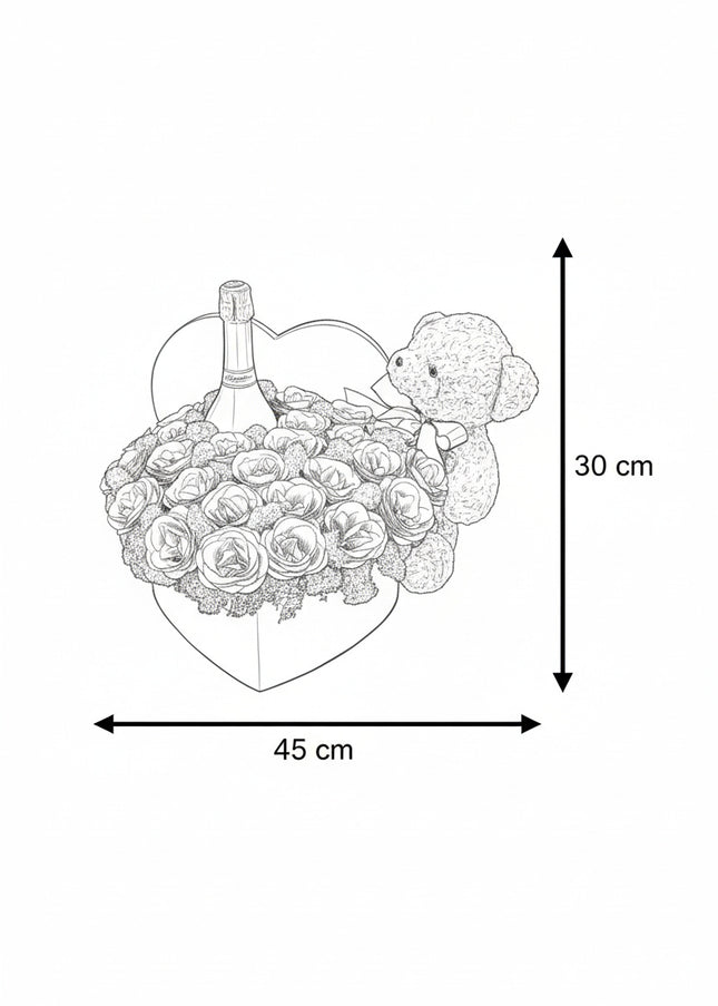 Aranjament Inimă Catifea, 31 Trandafiri Săpun Roz Glitter, Șampanie & Ursuleț