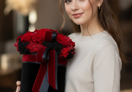 Aranjament 15 Trandafiri Criogenați Roșii, Cutie Catifea