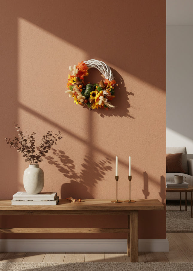 Coroniță Handmade „Autumn Forest Tale” – Aranjament cu Dovleci, Ciuperci și Spice pe Bază de Răchită Albă