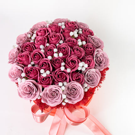 Aranjament Lux Trandafiri Săpun Magenta-Roz, Cutie Roșie