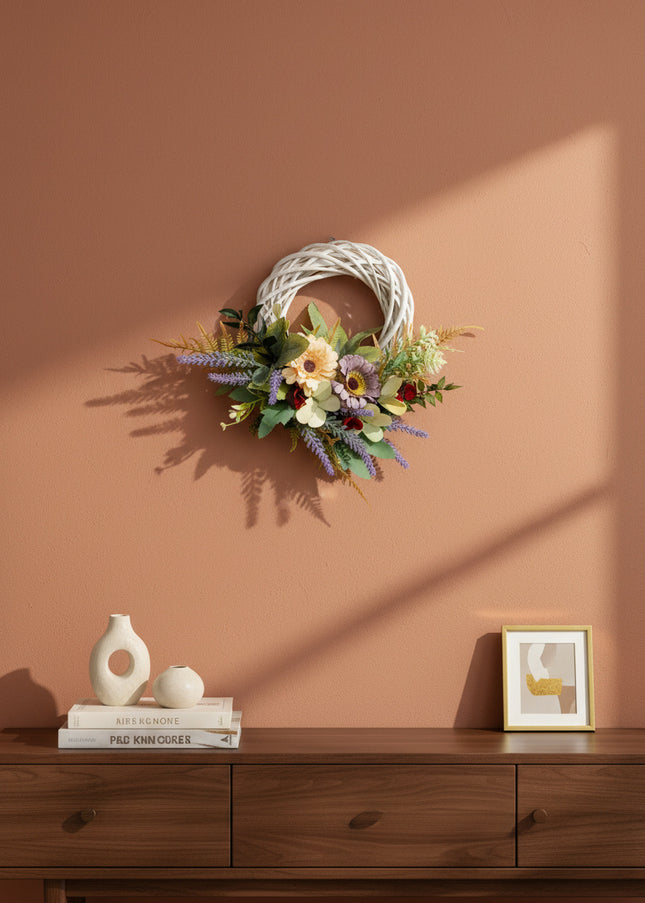 Coroniță Handmade „Lavender & Cream Breeze” – Aranjament Floral pe Bază de Răchită Albă cu Accente Botanice