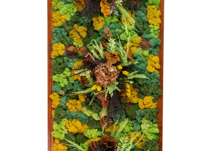 Tablou Biophilic Vertical „Golden Forest” – Panou Handmade cu Mușchi Stabilizați și Accente Botanice Premium