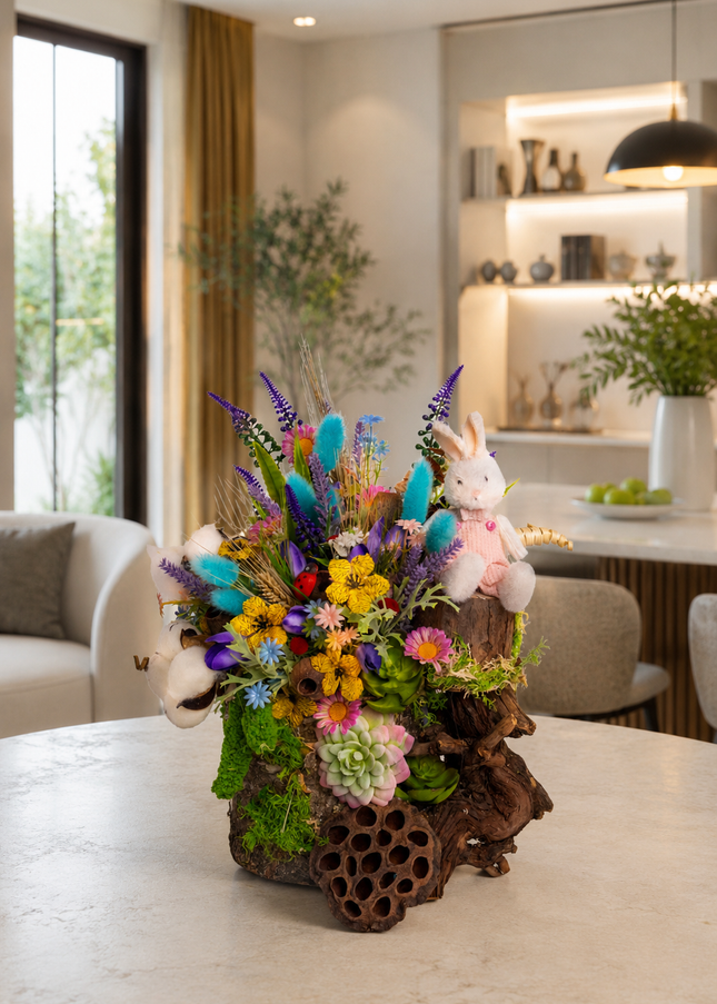 Aranjament floral de Paște „Bunny Meadow” – decor colorat de primăvară