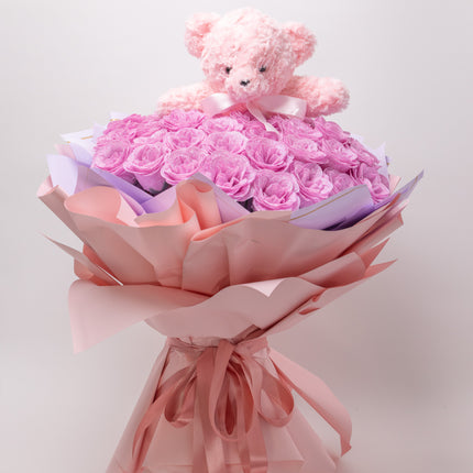 Buchet de Lux „Amethyst Bear Hug” cu Trandafiri Sclipitori