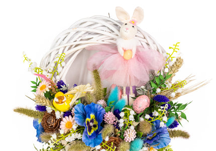 Coroniță florală de Paște „Easter Ballet” – decor festiv cu iepuraș și flori pastelate