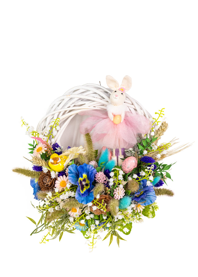 Coroniță florală de Paște „Easter Ballet” – decor festiv cu iepuraș și flori pastelate