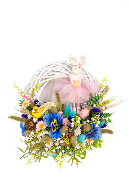 Coroniță florală de Paște „Easter Ballet” – decor festiv cu iepuraș și flori pastelate