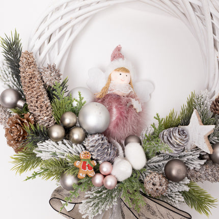 Coroniță Crăciun "Silver Angel" pe Lemn Natural Alb