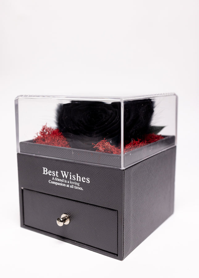 Trandafir Criogenat Negru (Inimă), Cutie Acrilică "Best Wishes"