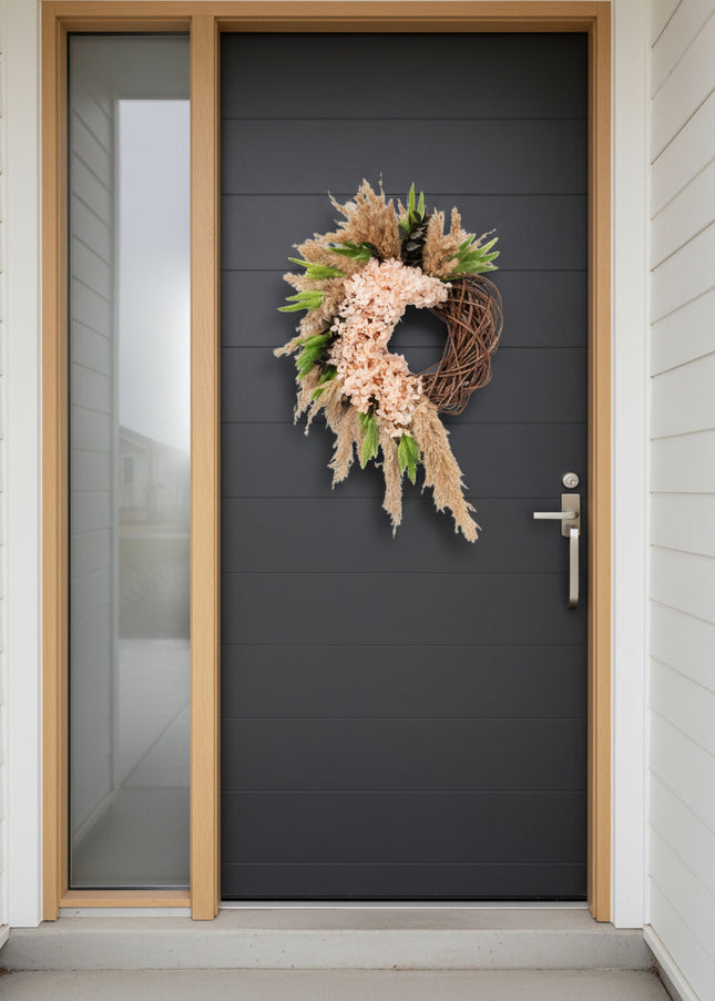 Coroniță Decorativă Handmade „Blush Willow Wreath” – Aranjament din Nuiele, Flori de Hortensie și Ierburi de Păpădie