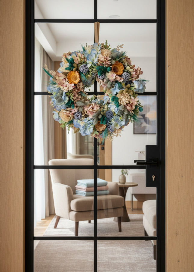 Coroniță Florală „Azure Serenity” – Aranjament Handmade cu Hortensii Bleu, Flori de Lemn și Accente de Lagurus