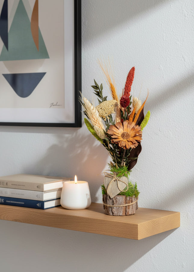 Mini-Aranjament Floral „Rustic Harvest” în Suport de Scoarță – Decor cu Flori Uscate, Grâu și Accente Bordo