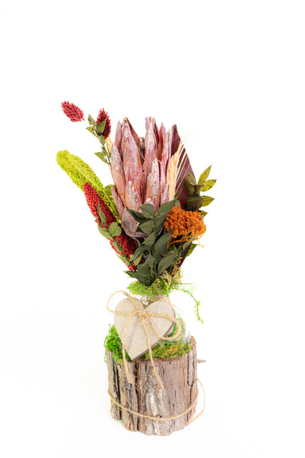 Mini-Aranjament Floral „Protea Soul” în Suport de Scoarță – Decor cu Floare Protea, Licheni și Accente Verzi