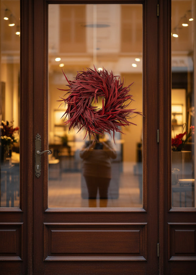 Coroniță Decorativă Handmade „Crimson Breeze” – Aranjament Circular din Eucalipt Roșu Burgund