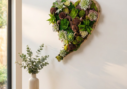 Tablou decorativ „Green Heart Succulent” – inimă cu plante suculente și mușchi stabilizat