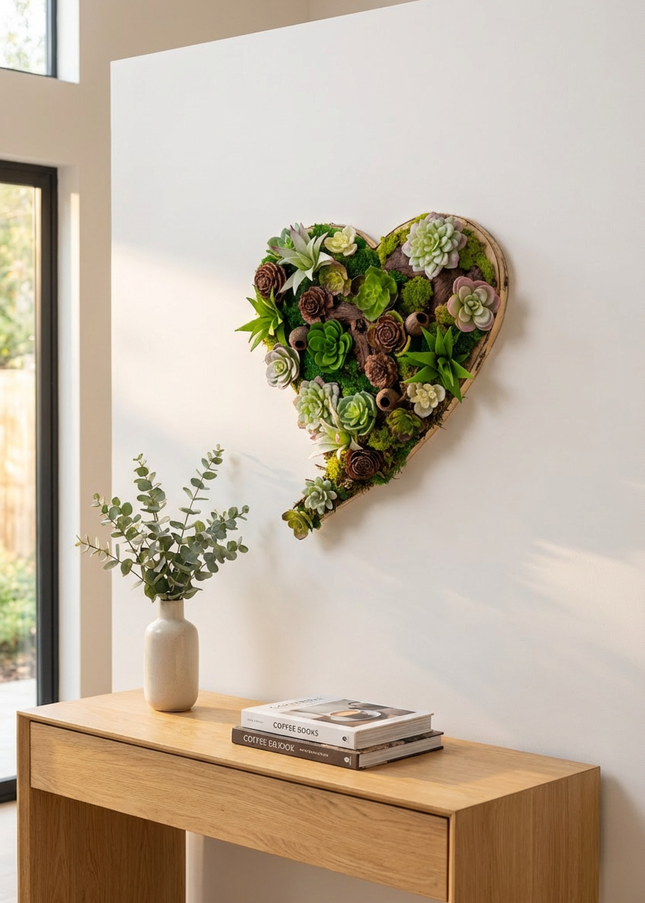 Tablou decorativ „Green Heart Succulent” – inimă cu plante suculente și mușchi stabilizat