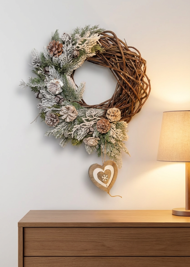 Coroniță de Crăciun Artizanală „Woodland Heart & Snowy Vines”