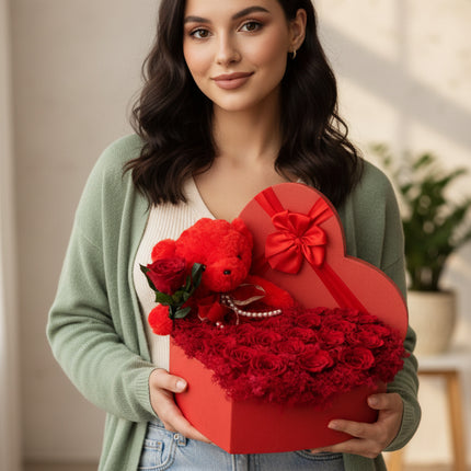 Aranjament Inimă Lux 27 Trandafiri Criogenați Roșii & Ursulet