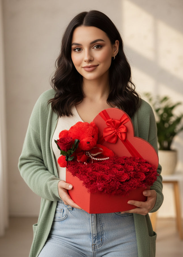 Aranjament Inimă Lux 27 Trandafiri Criogenați Roșii & Ursulet
