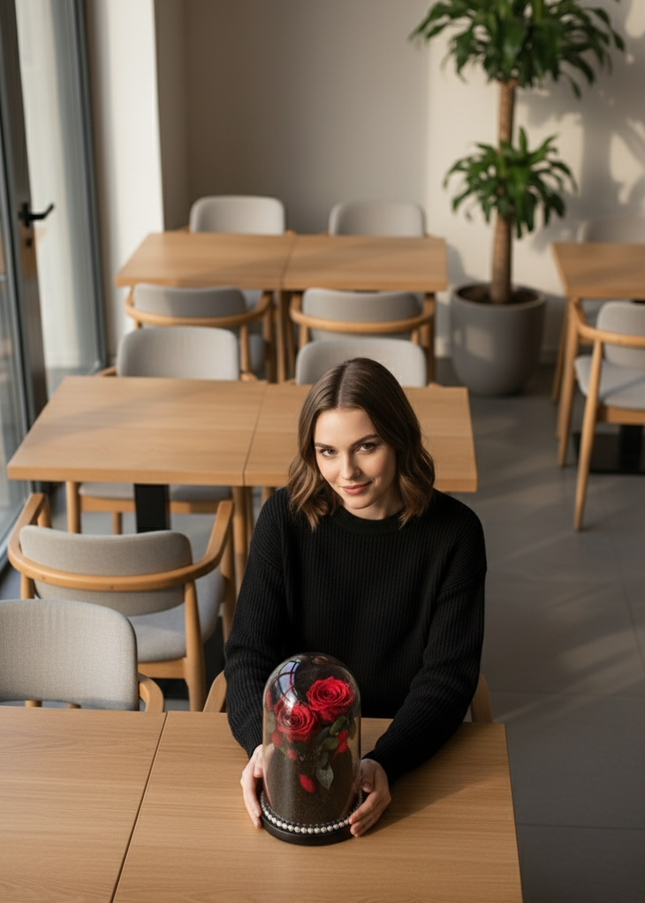 Cupolă Lux 3 Trandafiri Criogenați (Roșu & Negru) cu Perle