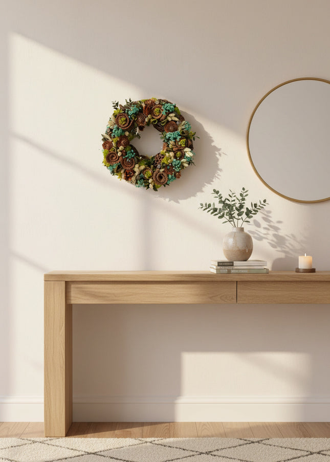 Coroniță Botanică „Emerald Forest Spiral” – Aranjament Handmade cu Flori de Lemn, Mușchi Stabilizat și Accente de Turcoaz