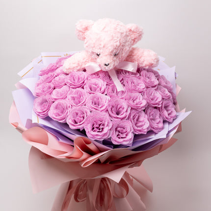 Buchet de Lux „Amethyst Bear Hug” cu Trandafiri Sclipitori