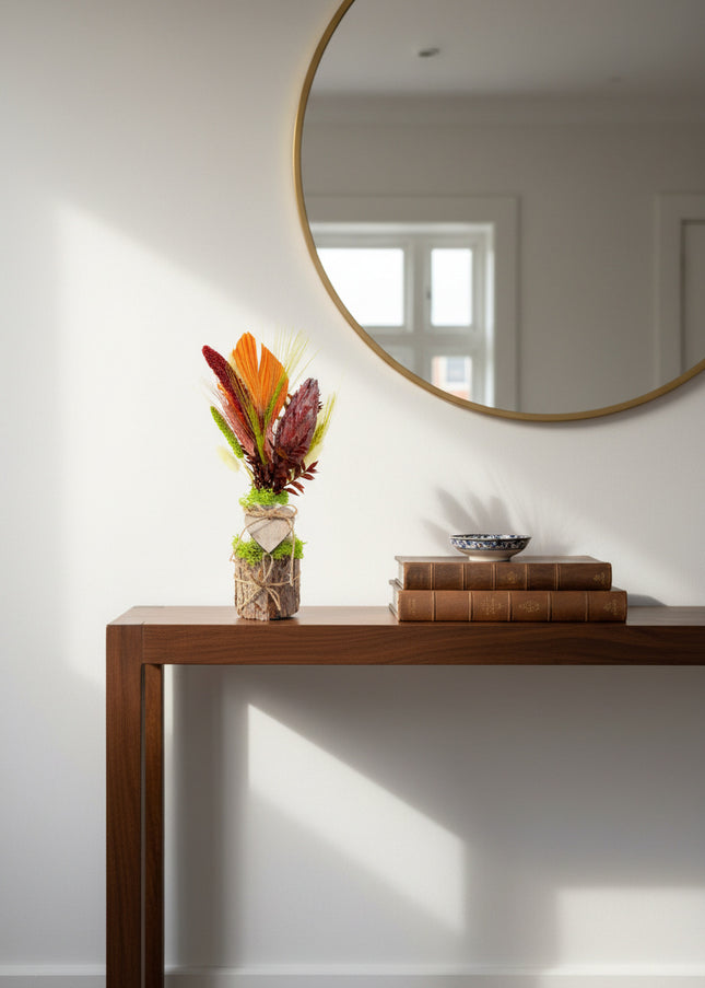 Aranjament Floral „Amber Heart” în Bază de Scoarță Naturală – Decor Handmade cu Protea Bordo, Palmier Portocaliu și Spice de Grâu