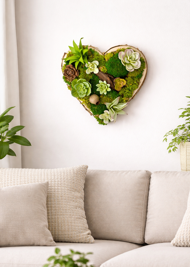 Tablou decorativ „Forest Heart Mini” – inimă cu suculente și mușchi stabilizat