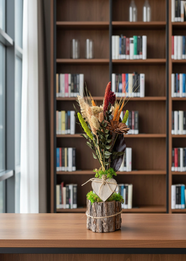 Mini-Aranjament Floral „Rustic Harvest” în Suport de Scoarță – Decor cu Flori Uscate, Grâu și Accente Bordo