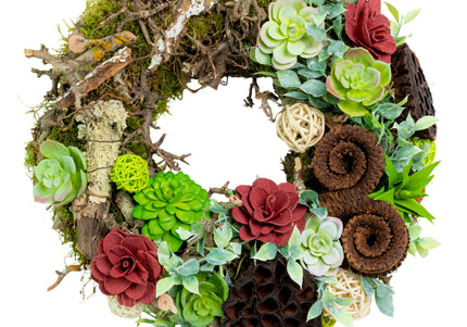 Coroniță decorativă „Rustic Bloom” – decor natural cu accente burgundy