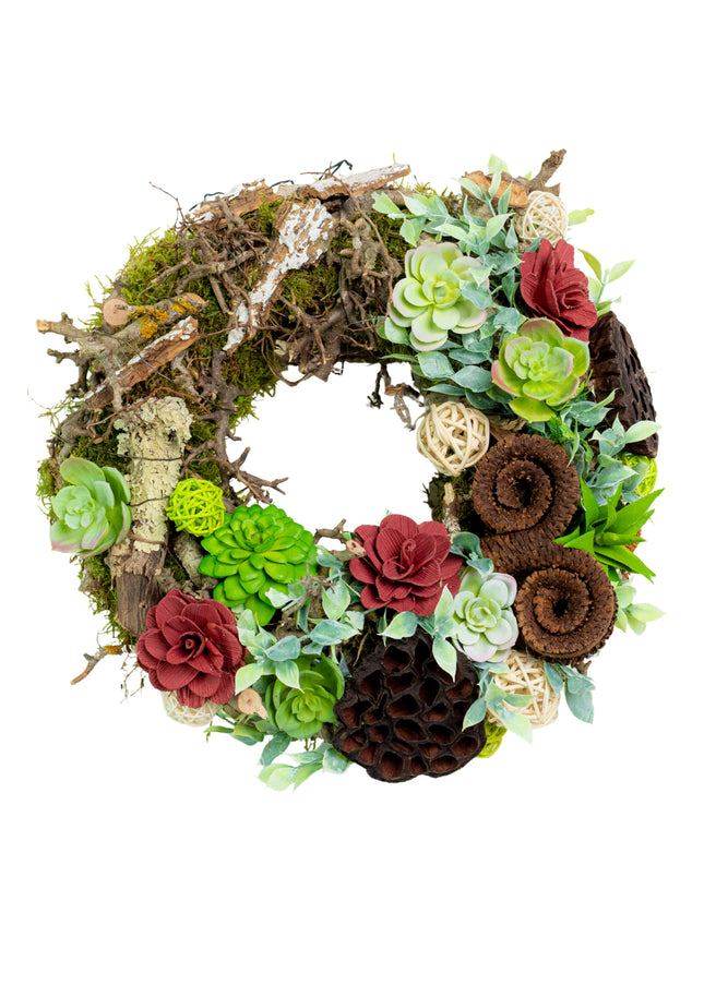 Coroniță decorativă „Rustic Bloom” – decor natural cu accente burgundy