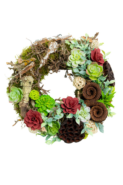 Coroniță decorativă „Rustic Bloom” – decor natural cu accente burgundy