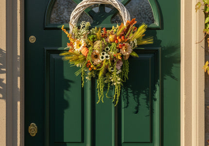 Coroniță Florală „Autumn Harvest” – Aranjament Handmade pe Bază de Răchită Albă, Design Bogat cu Plante Uscate