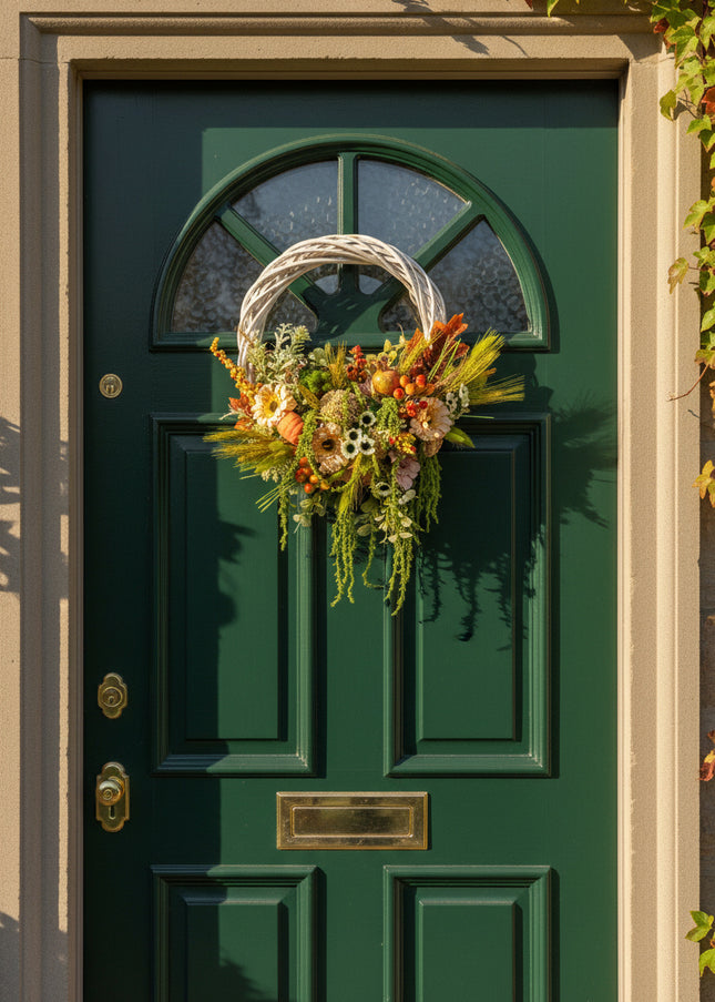 Coroniță Florală „Autumn Harvest” – Aranjament Handmade pe Bază de Răchită Albă, Design Bogat cu Plante Uscate