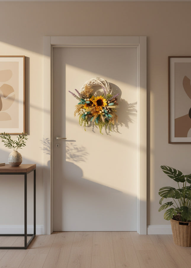 Coroniță Handmade „Sun-Kissed Garden” – Aranjament Floral cu Floarea-Soarelui și Lagurus Turcoaz pe Răchită Albă
