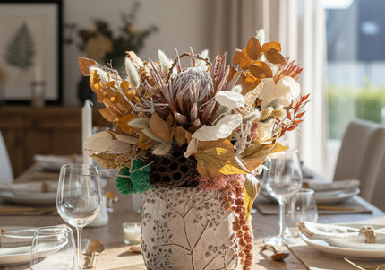 Aranjament Floral „Ivory & Earth” în Vas Ceramic Texturat – Compoziție Handmade cu Protea Albă, Lotus și Elemente Botanice Conservate