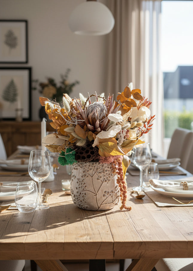 Aranjament Floral „Ivory & Earth” în Vas Ceramic Texturat – Compoziție Handmade cu Protea Albă, Lotus și Elemente Botanice Conservate