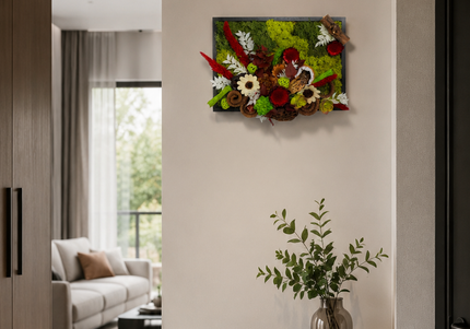 Tablou decorativ „Crimson Garden” – compoziție în tonuri de roșu și verde