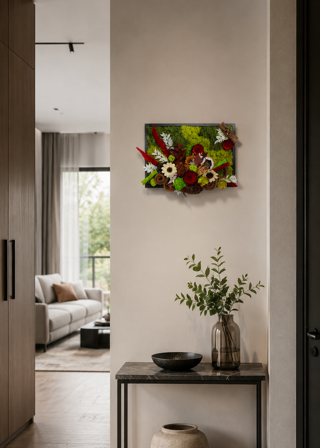 Tablou decorativ „Crimson Garden” – compoziție în tonuri de roșu și verde