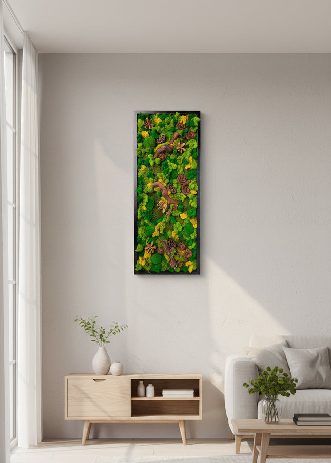 Tablou Biophilic Vertical „Vertical Forest Stream” – Panou Handmade XXL cu Mușchi Stabilizați și Relief Botanic Premium